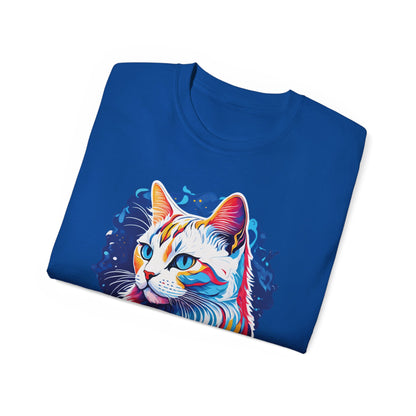 Unisex Cotton Tshirt with Illustation of a Colorful Cat