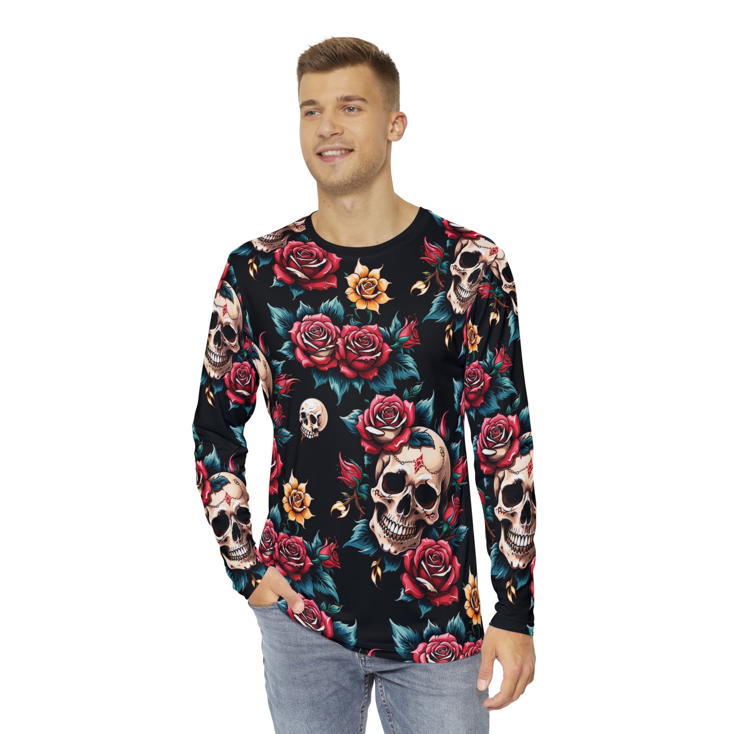 Tattoo printed skull roses design men's long sleeve tshirt