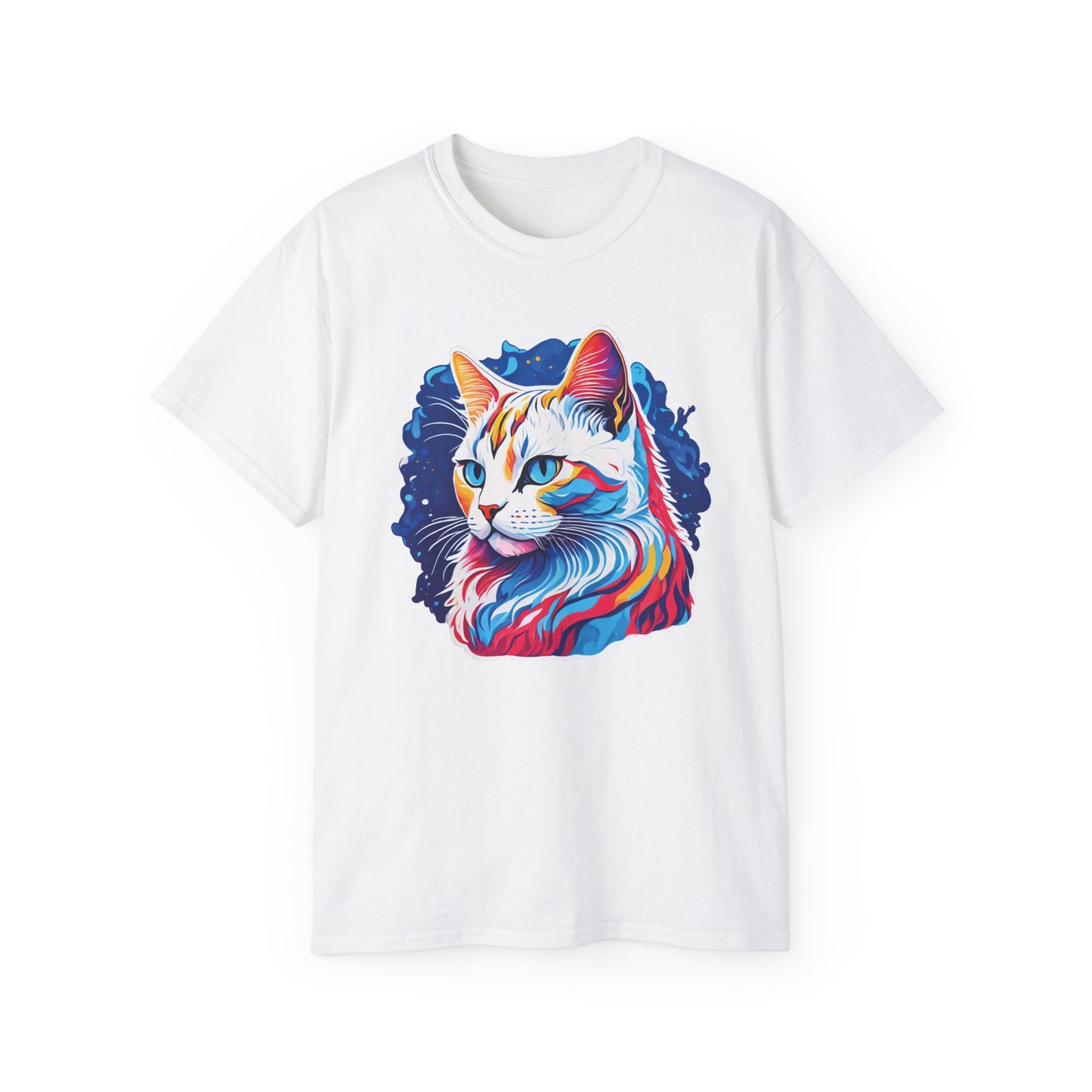 Unisex Cotton Tshirt with Illustation of a Colorful Cat