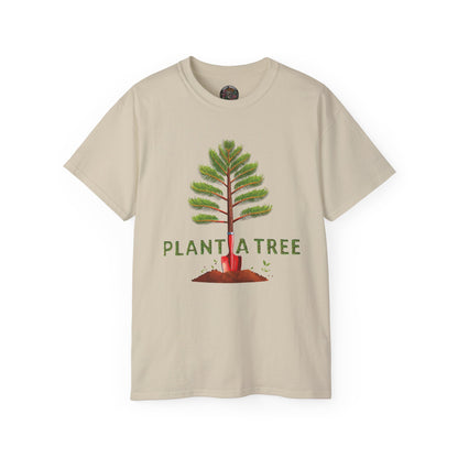 Cotton T-Shirt a Pine Tree and "Plant a Tree" Text Printed on the Front Side