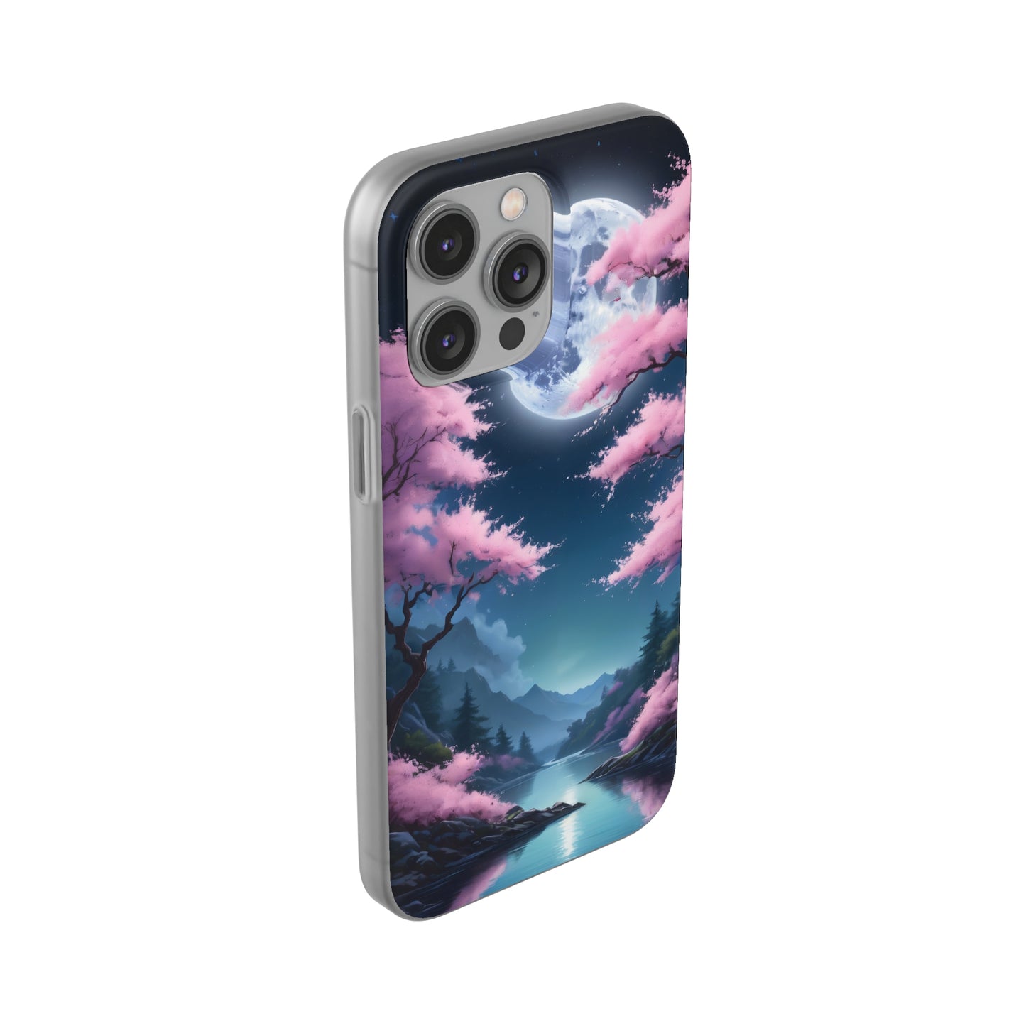 Flexi Phone Case With Cherry Blossoms Under The Full Moon