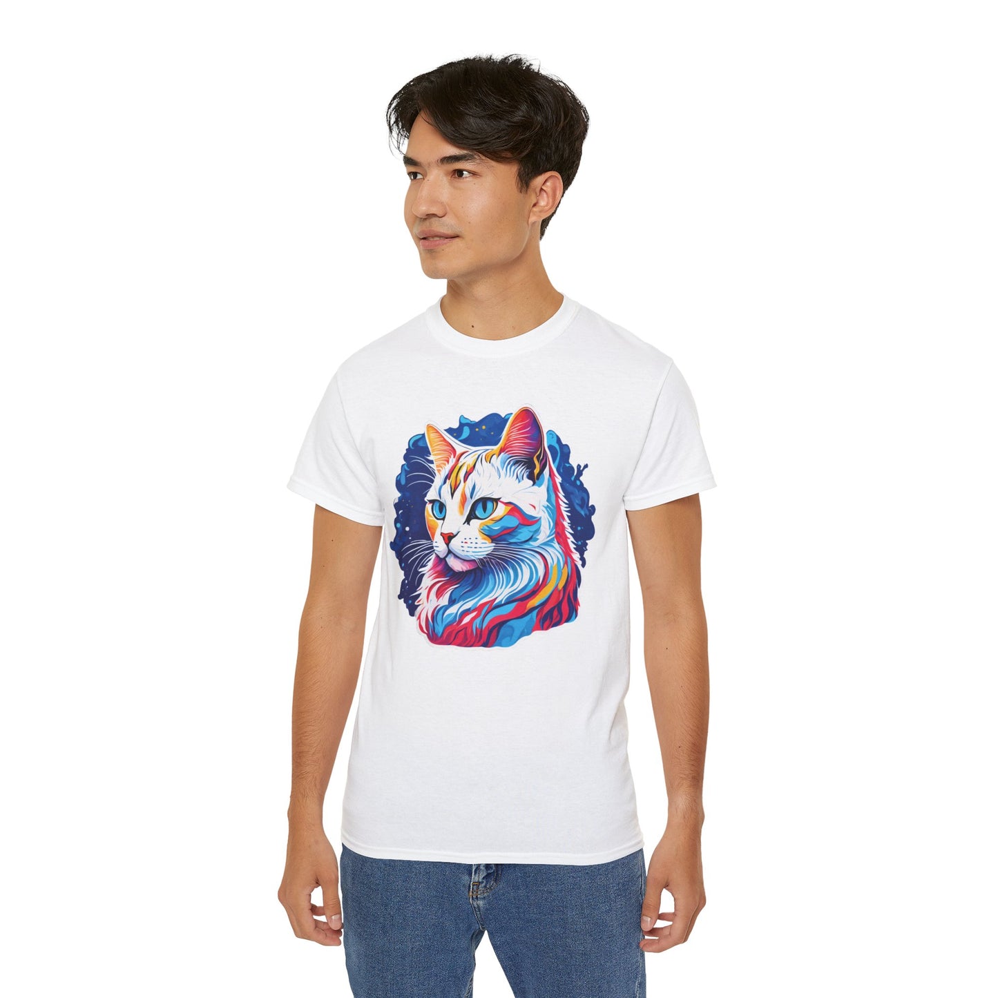 Unisex Cotton Tshirt with Illustation of a Colorful Cat