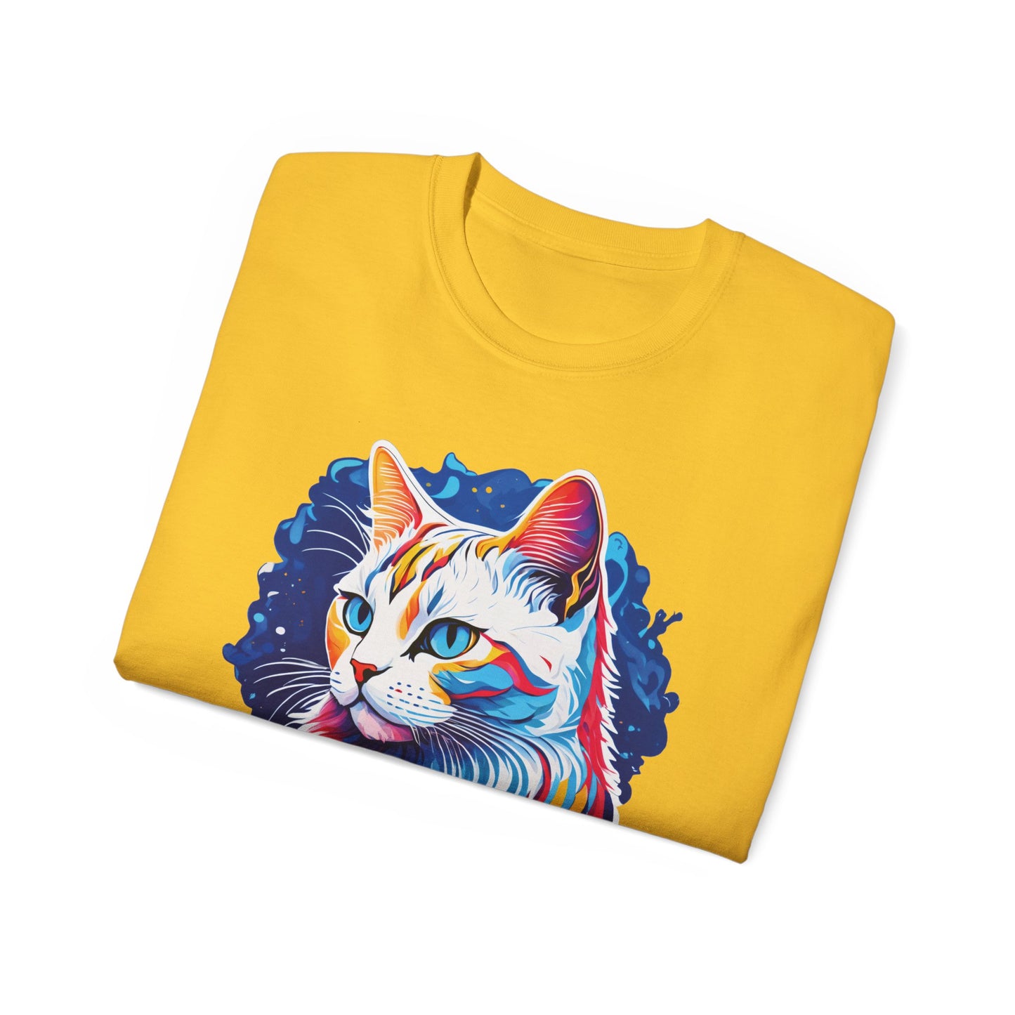 Unisex Cotton Tshirt with Illustation of a Colorful Cat