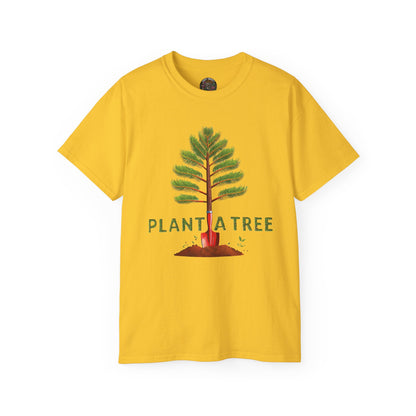 Cotton T-Shirt a Pine Tree and "Plant a Tree" Text Printed on the Front Side