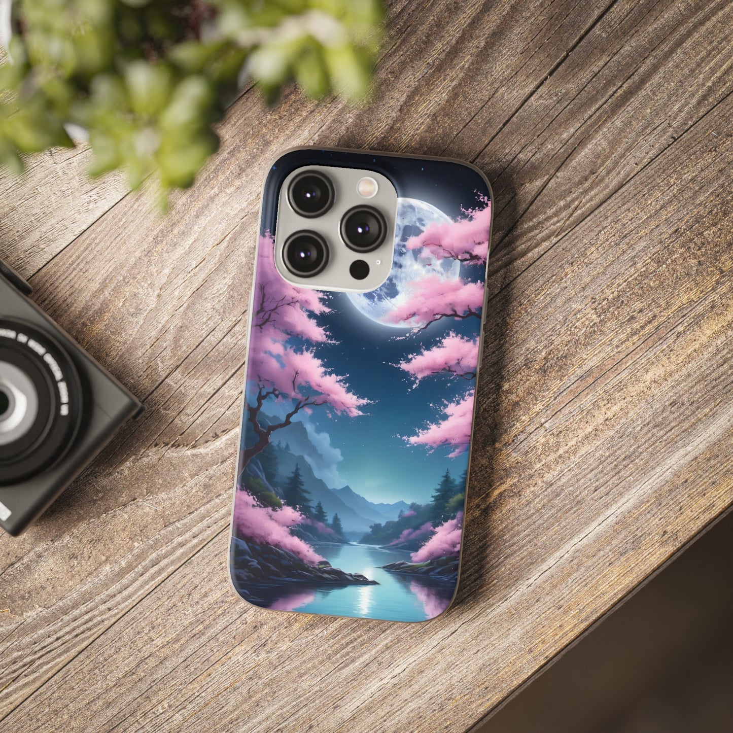 Flexi Phone Case With Cherry Blossoms Under The Full Moon