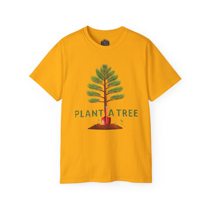 Cotton T-Shirt a Pine Tree and "Plant a Tree" Text Printed on the Front Side